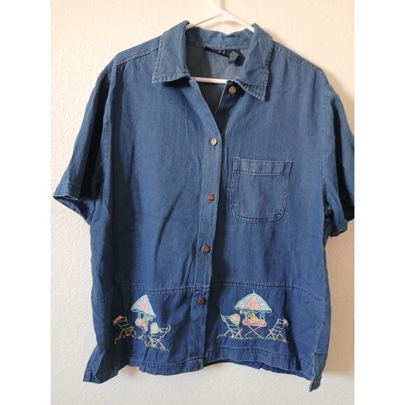 Jane Ashley Shirt Women's XL  Button Up Short Sleeve‎ Blue Jean Embroidered - Picture 1 of 15